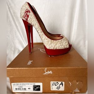 Christian Louboutin White/red Towel And Patent Leather Lady Peep Toe Pumps 40